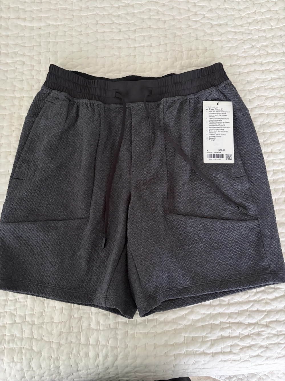 NWT Lululemon Men's At Ease 7” Charcoal Textured Knit Drawstring Shorts Size L